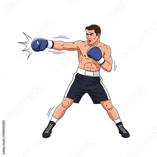 Illustration of a muscular boxer in a fighting stance, throwing a punch with blue boxing gloves and black shorts on a plain white background with motion lines.