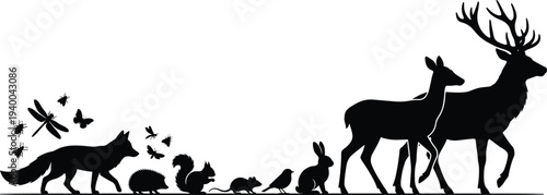 Collection of woodland animal silhouettes including fox, deer, rabbit, squirrel, hedgehog, bird, mouse, and insects, vector illustration design for wildlife, forest