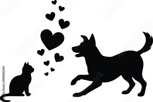 Silhouette illustration of cat and dog with hearts showing friendship, love, and bond, vector design for pets, animals, family, lifestyle, affection, and companionship concepts.