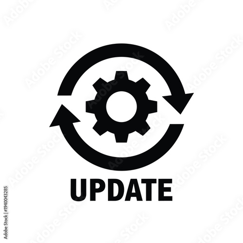 A black and white circular icon depicts a gear enclosed within a cyclical arrow accompanied by the text update below high quality professional detailed