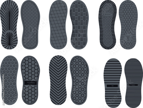 Set of Professional Vector Footwear Outsole Textures Featuring Diverse Geometric Tread Patterns for Sneaker Manufacturing and Technical Shoe Fashion Design Flat Sketches