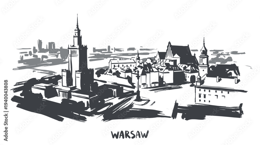 Obraz premium A black and white sketch of the Warsaw skyline featuring the Palace of Culture and Science and other prominent buildings.