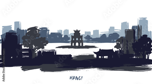 Silhouette of Hanoi's skyline featuring the iconic Turtle Tower in Hoan Kiem Lake.