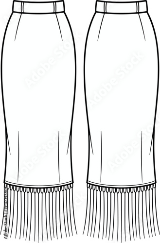 MobileTechnical Fashion Vector Flat Sketch Bundle Featuring Women's Sleeveless A-Line Dress, Strapless Evening Gown, Fringed Pencil Skirt, Athletic Shorts, and Apron Tunic Design Templates