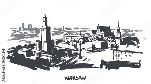 A black and white sketch of the Warsaw skyline featuring the Palace of Culture and Science and other prominent buildings.