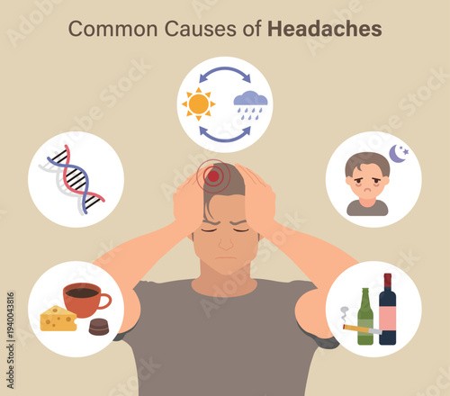 Male Headache Causes Infographic with Smoking and Alcohol Triggers