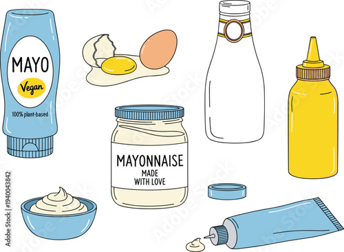 Vector illustration set of mayonnaise condiments including vegan squeeze bottles jars egg ingredients mustard and cream bowls for food packaging design