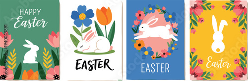 Set of four colorful Easter greeting card templates with cute white bunnies, spring flowers, floral wreaths, and festive hand drawn typography