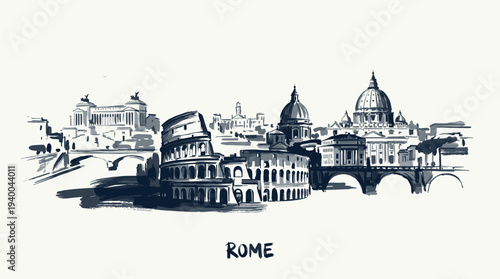 A monochromatic sketch of the iconic Roman skyline featuring the Colosseum, St. Peter's Basilica, and other historic structures.