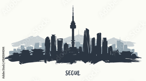 A stylized silhouette of the Seoul skyline, featuring Namsan Tower and various modern skyscrapers, set against a muted mountain backdrop.