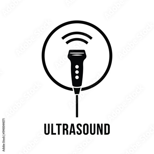 A simple black and white graphic depicts an ultrasound transducer within a circular frame accompanied by the text ultrasound below high quality professional detailed