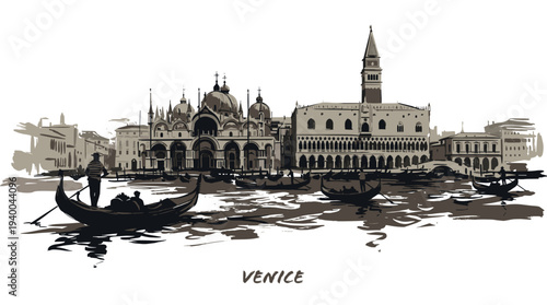 A sepia-toned sketch of Venice, Italy, featuring gondolas on the canal with St. Mark's Basilica and Doge's Palace in the background.