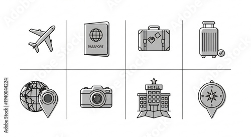Travel icons set including airplane passport luggage hotel and navigation symbols for tourism and adventure