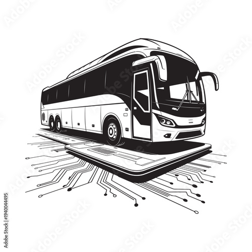 Modern coach bus illustration with digital circuit board design below