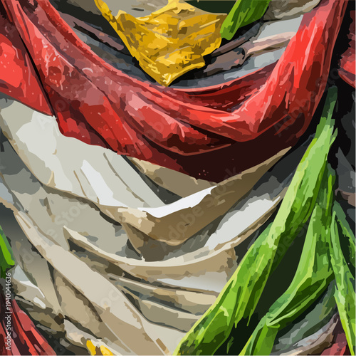 Abstract artistic illustration of draped red white and green fabrics.