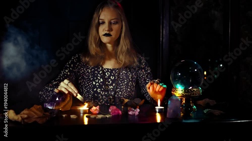 Mystical fortune telling ritual with a female psychic crystal ball candles smoke amethyst and runes in a dark room creating a sacred cinematic atmosphere
