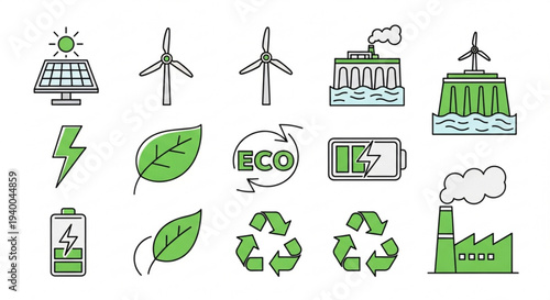 Eco friendly icons set including renewable energy sources recycling symbols and sustainable living concepts on white background