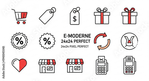 E commerce icons set with shopping cart gift discount and payment symbols in red and black on white background for business and online store use