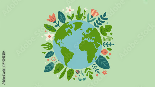 Happy earth day banner illustration with green globe surrounded by colorful leaves and flowers on light green background