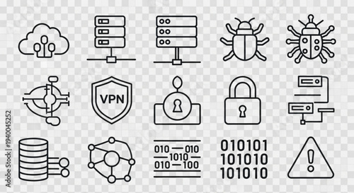 Cybersecurity icons set including bug shield lock vpn cloud server database and warning symbols on transparent background