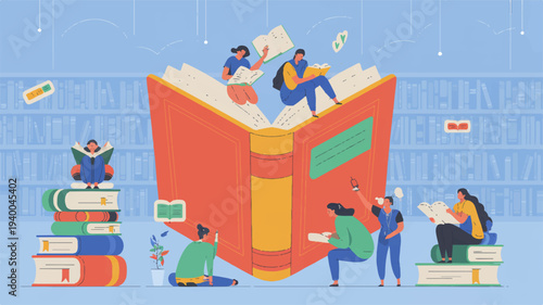 People reading and learning from a giant book with colorful stacks of books around them in a blue room
