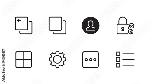 Icons set with plus sign, duplicates, user, lock, grid, gear, menu and list functions, representing various common interface actions.
