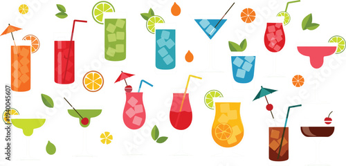 Colorful Cocktail and Summer Drink Vector Set Featuring Margarita, Mojito, Lemonade, Fruit Garnish, Ice Cubes, and Party Beverages