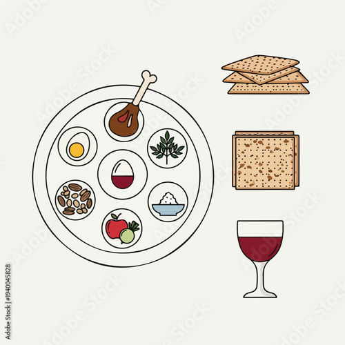 Illustration of a Passover Seder plate with traditional foods, matzah, and a glass of wine on a light background.