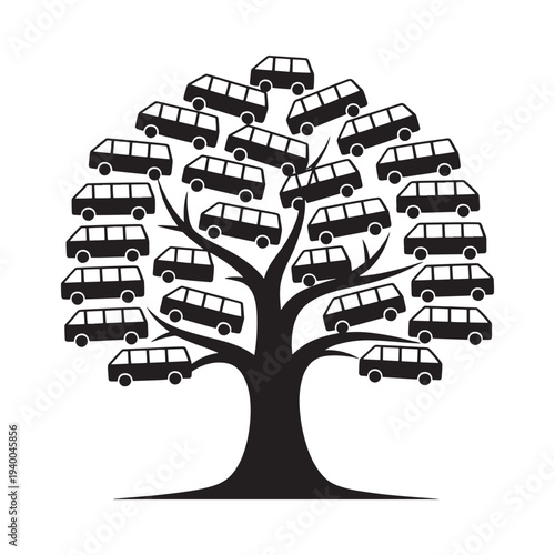 A tree with cars growing as fruit symbolizing modern transportation impact