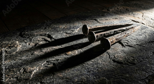 Three rusty iron nails are placed on a textured stone surface, casting long shadows in dramatic lighting. The scene is minimalistic, with an emphasis on the rugged texture of both the nails and the su