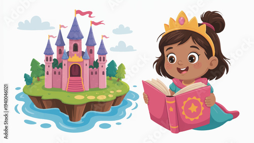 Little girl wearing crown reads book beside pink castle on island in cartoon style