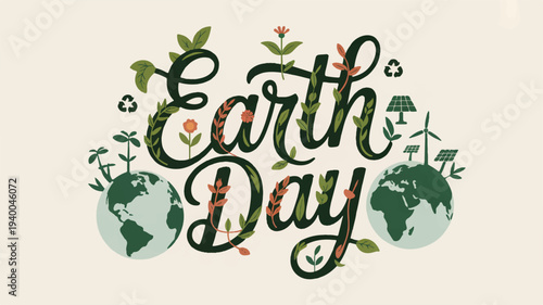 Earth day elegant vector illustration with green globe flowers and leaves on beige background symbolizing environmental awareness and sustainability