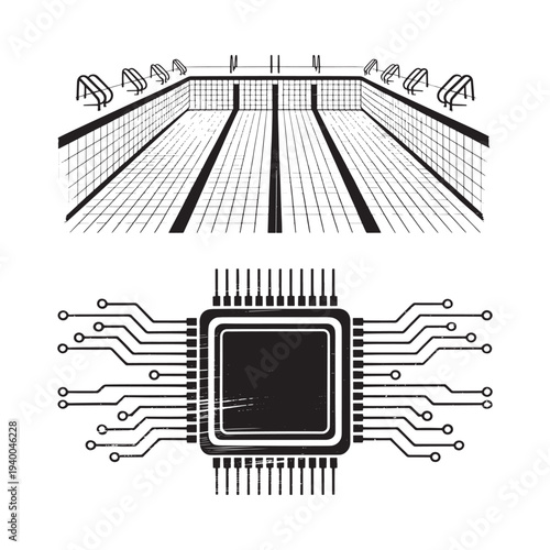 Abstract illustration combining a bowling alley and a computer chip