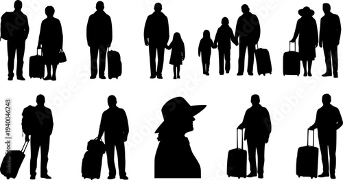 Travelers and tourists silhouettes vector set. People, families, and passengers with luggage isolated on white background