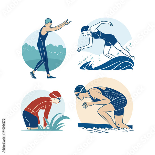 Four swimmers in athletic poses with water and landscape elements swimming pool