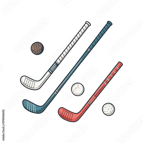 Three hockey sticks and three balls on white background sport game