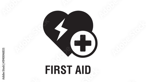 Heart with lightning bolt and plus sign icon, representing medical emergency and first aid services featuring cross, health, care with assistance and