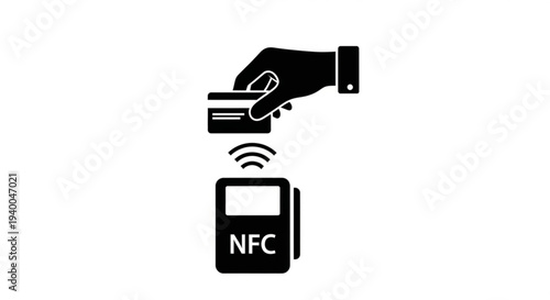 Hand holding a card near an NFC device for a wireless transaction