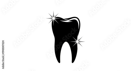 A black silhouette of a tooth with sparkles highlighting areas of shine, symbolizing healthy dental care and oral hygiene in a simple graphic illustration.
