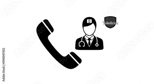 Medical professional answering phone call with stethoscope and shield icon nearby