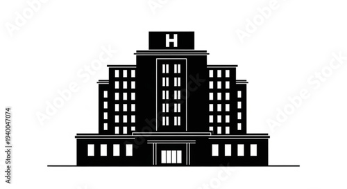 Illustration of a hospital building with a prominent H sign on top, viewed from the front