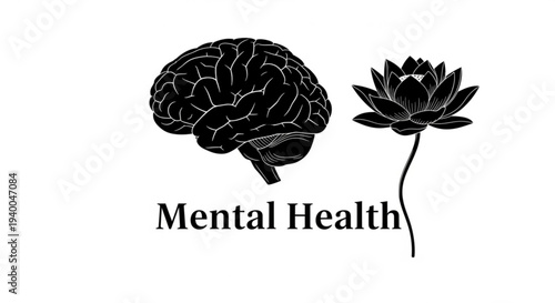 Illustration of a human brain and lotus flower symbolizing mental health and wellness in a serene environment from a straightforward viewpoint