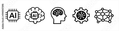 Futuristic Artificial Intelligence Brain and Neural Network Technology Outline Icons Set