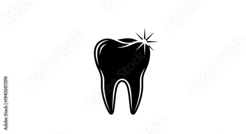 A black and white illustration of a tooth with a sparkle on a plain white background from a direct viewpoint