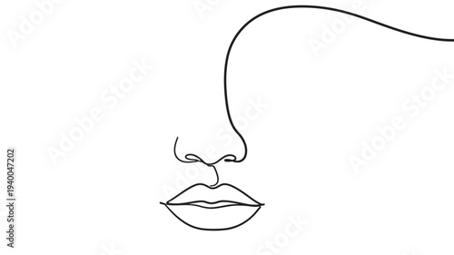 Face drawn with a single continuous black line, featuring lips and nose on a white background featuring minimalist, portrait, mouth with beauty and