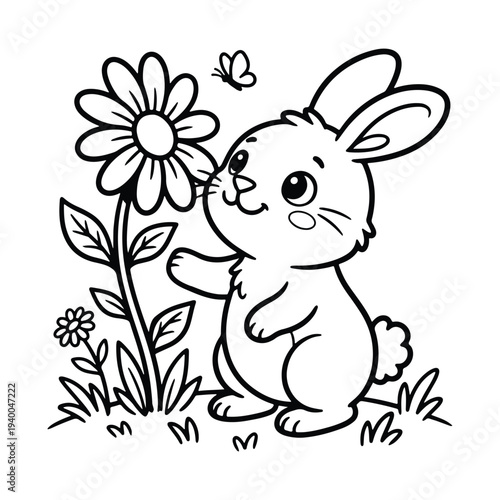 Black and white line art of a happy little rabbit reaching for a blossom with a butterfly