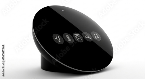 Sleek black device with control buttons on a plain surface from a slightly angled viewpoint