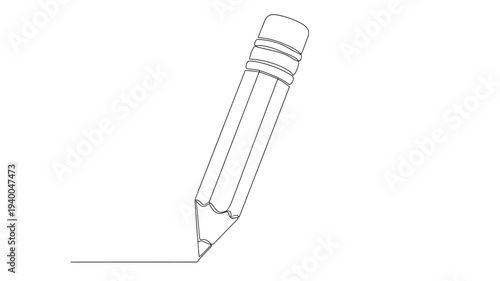 Pencil drawing a line with its sharpened tip and eraser, simple black outline illustration on a white background.