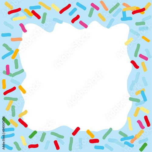 Donut icing with sprinkles vector frame illustration. Sweet glazed pastry border with colorful topping decoration. Cute festive dessert frame for holiday cards, invitations, bakery branding 