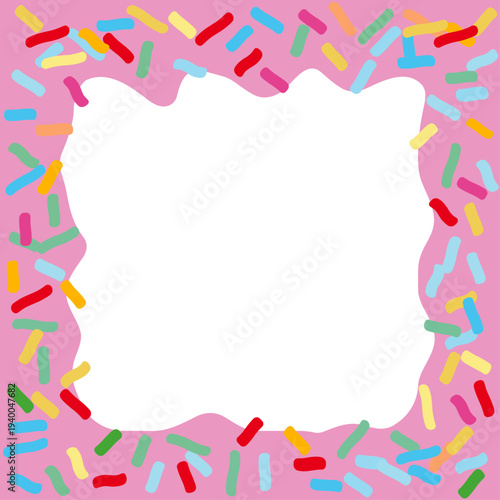 Donut icing with sprinkles vector frame illustration. Sweet glazed pastry border with colorful topping decoration. Cute festive dessert frame for holiday cards, invitations, bakery branding 